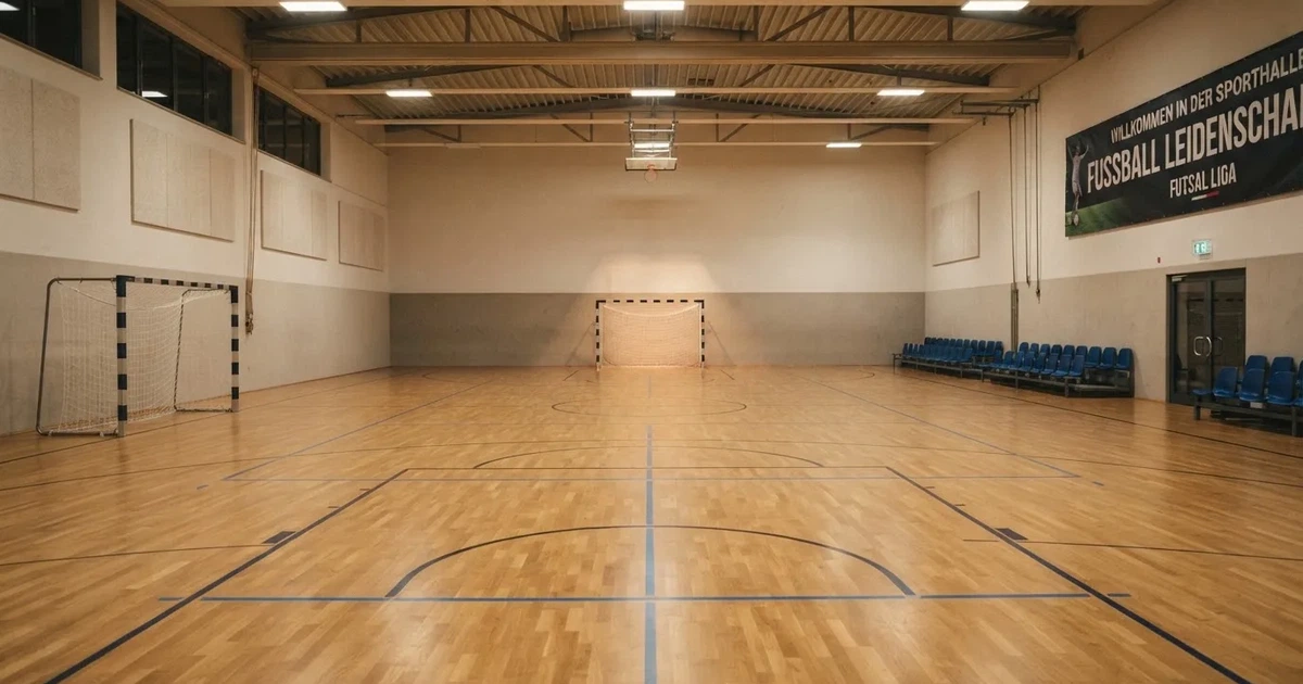 Eine leere Sporthalle mit hellem Hallenboden, kleinen Toren an beiden Enden und blauen Linien, Licht fällt von oben.