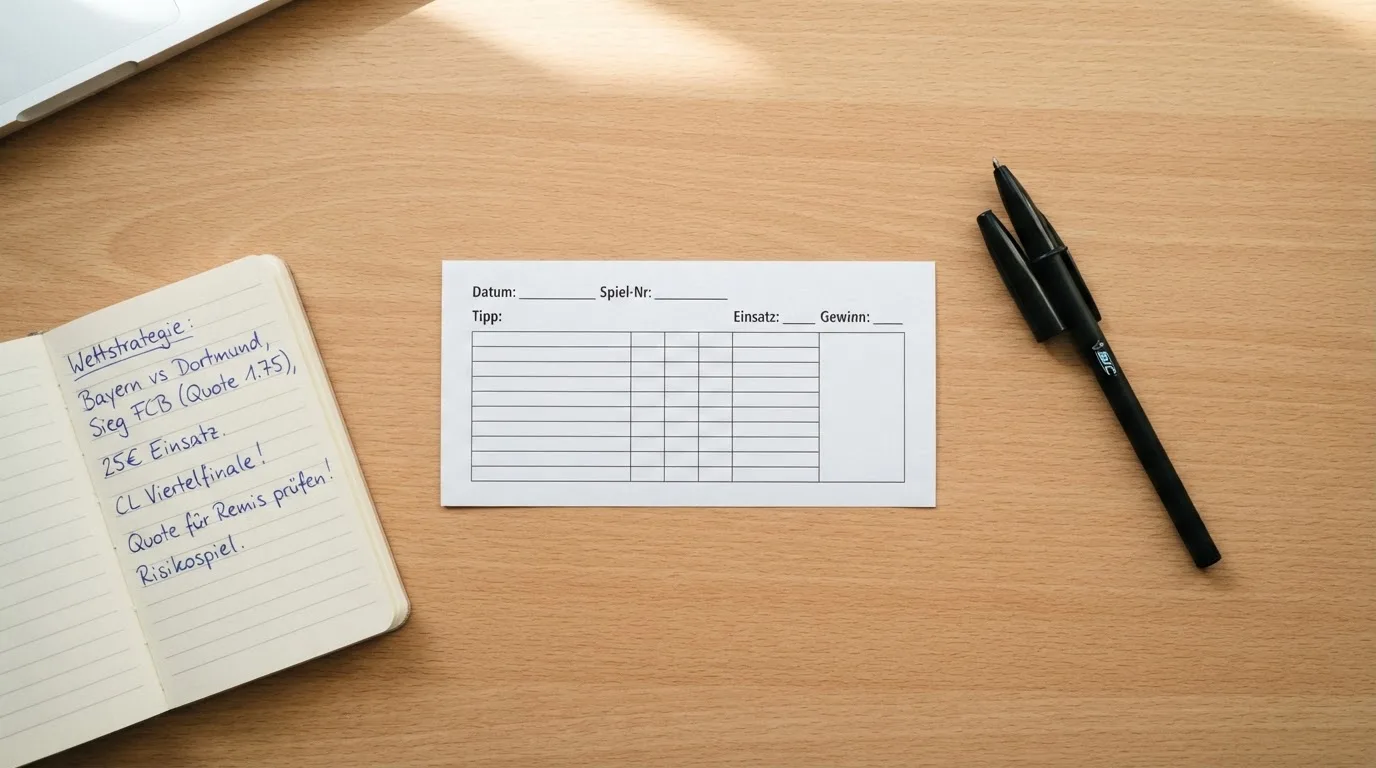 Ein leerer Papierwettschein und ein Kugelschreiber liegen auf einer glatten Schreibtischplatte neben einem Notizbuch.