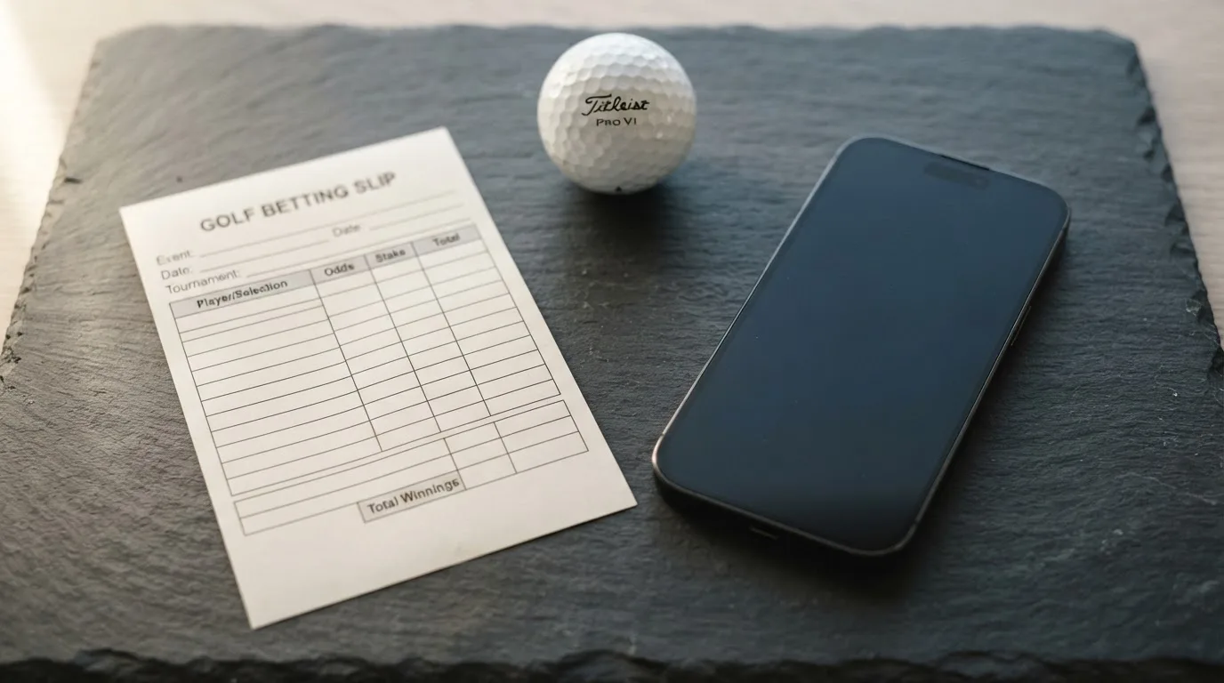 Ein leerer Wettschein aus Papier liegt neben einem Smartphone mit dunklem Display auf einem Tisch, daneben ein einzelner Golfball.