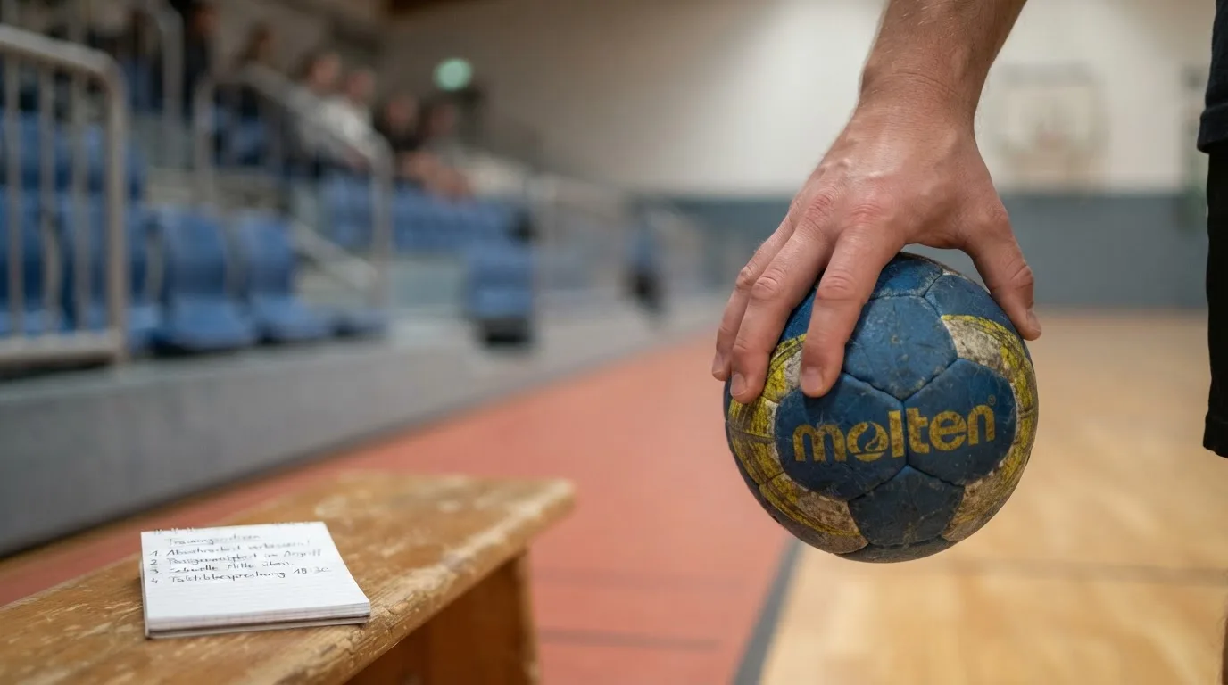Eine Hand hält einen Handball, im Hintergrund eine unscharfe Tribüne, daneben liegt ein Notizblock auf einer Bank.
