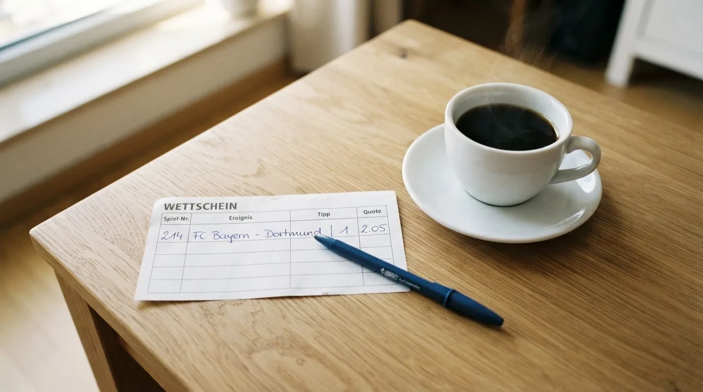 Ein leerer Wettschein aus Papier und ein Kugelschreiber liegen auf einem Schreibtisch neben einer Tasse Kaffee im Tageslicht.