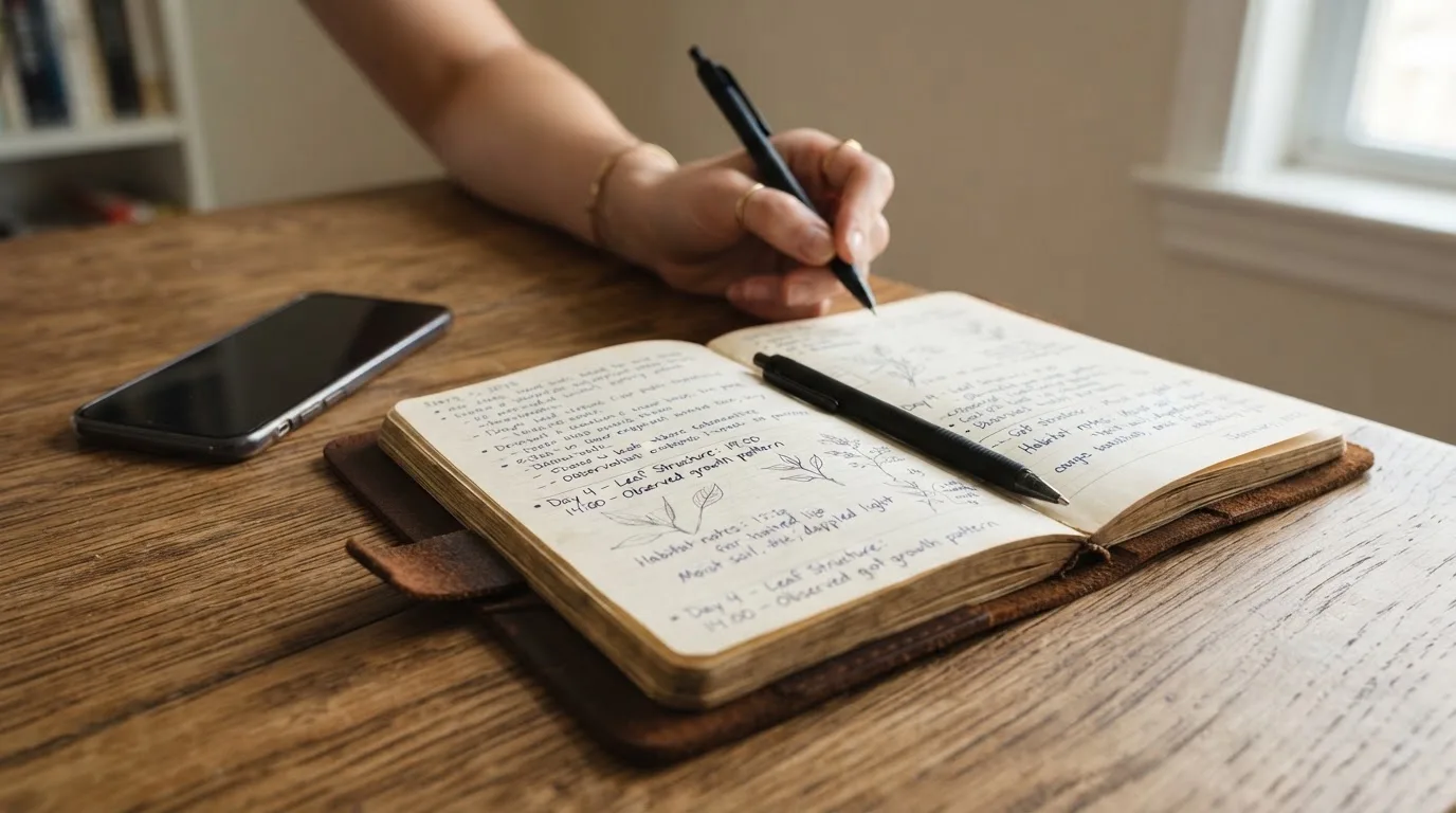 Ein Notizbuch mit handschriftlichen Notizen und ein Stift liegen auf einem Holztisch neben einem Smartphone mit dunklem Bildschirm.