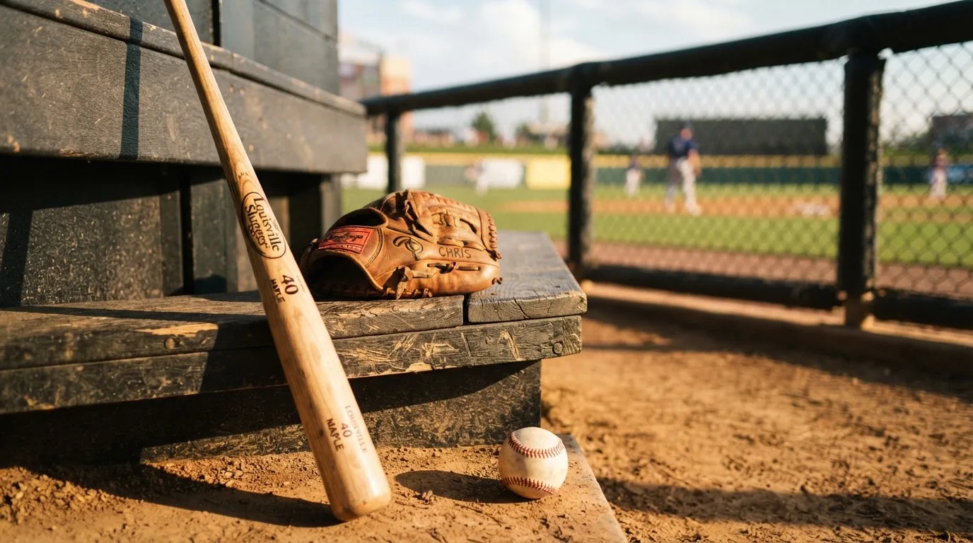 Ein Baseballschläger lehnt an einer Bank im Dugout, daneben liegen ein Handschuh und ein Ball im Licht der Nachmittagssonne.