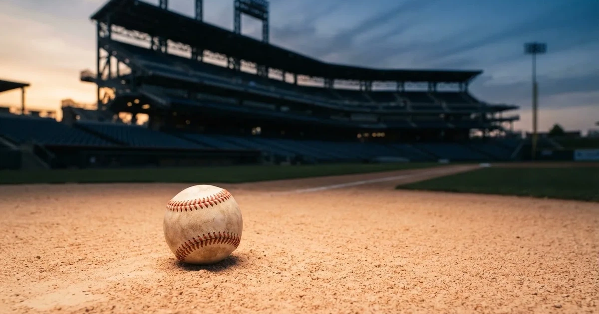 Ein Baseball liegt auf dem hellen Sand des Infields, im Hintergrund eine große Tribüne in der Abenddämmerung.