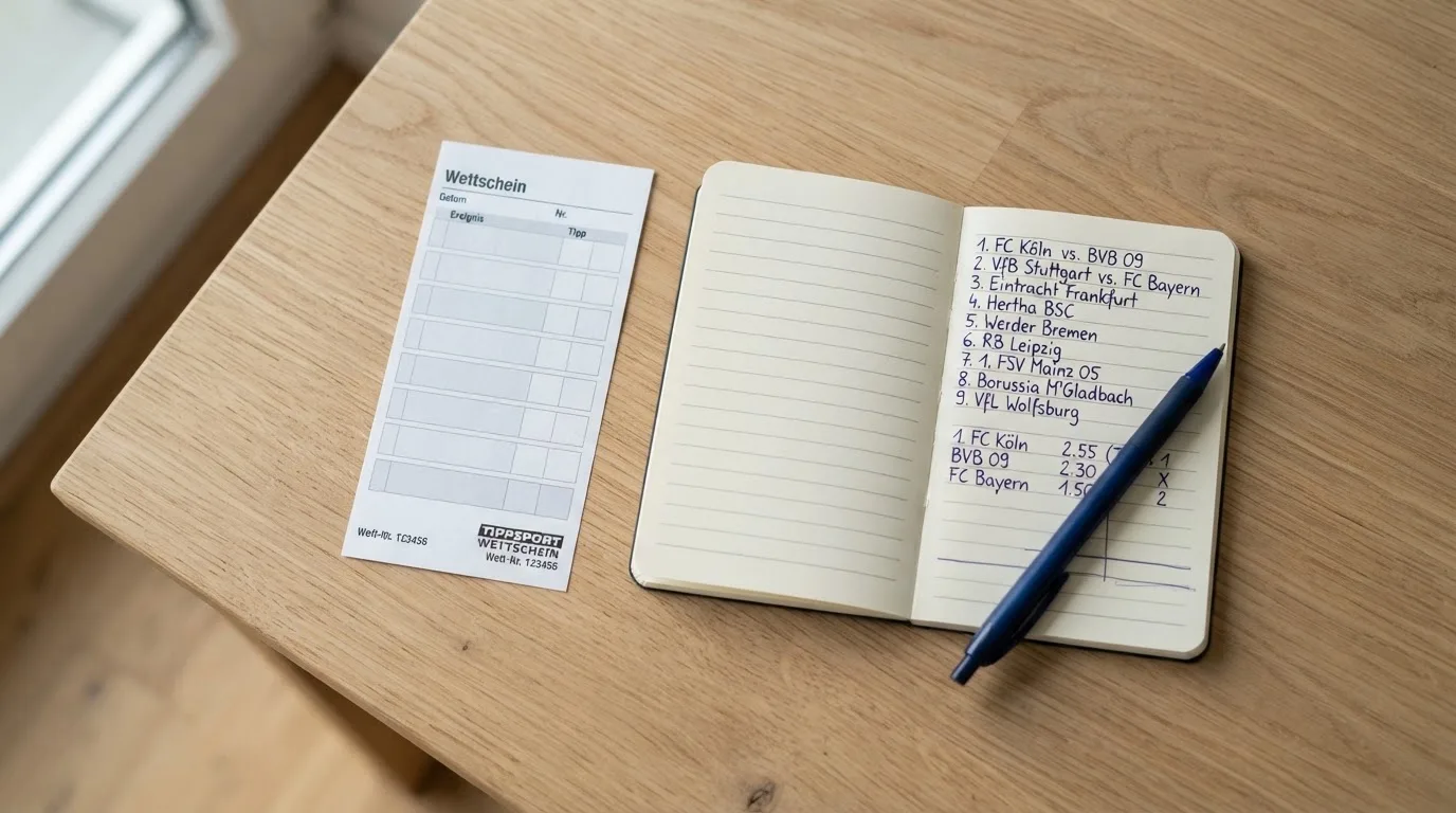 Ein leerer Wettschein aus Papier liegt neben einem Notizbuch und einem Stift auf einem aufgeräumten Schreibtisch.