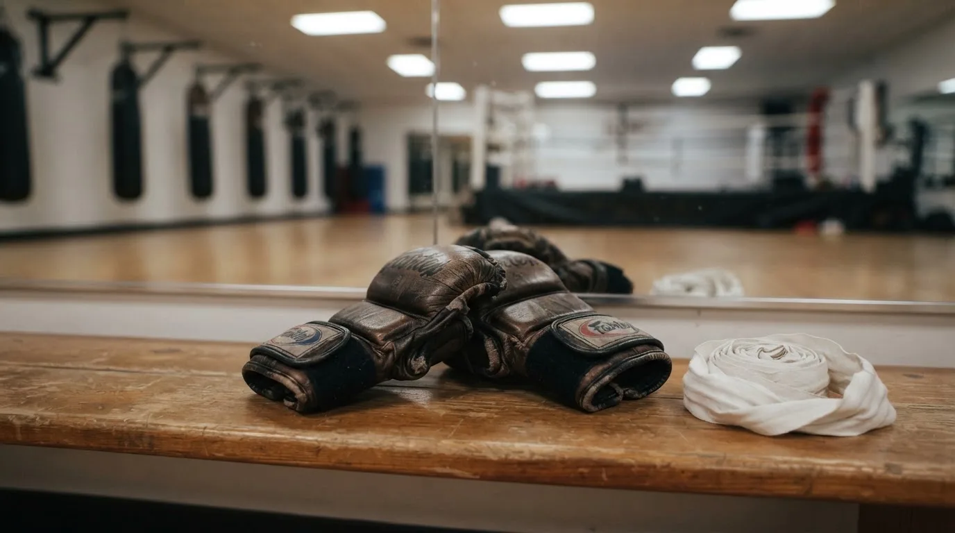 Ein Paar Kampfhandschuhe und eine Bandage liegen auf einer Holzbank in einem Trainingsraum mit Spiegelwand.