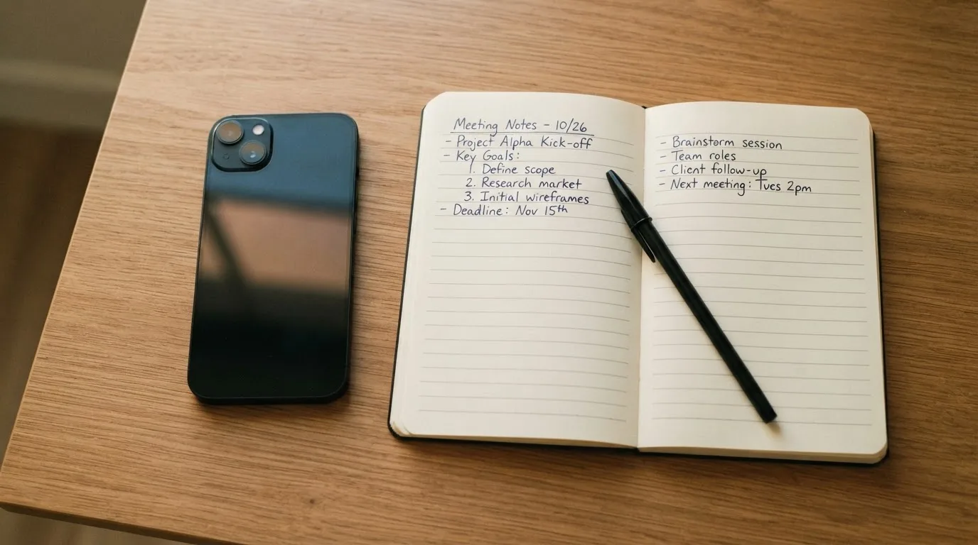 Ein Smartphone mit dunklem Display liegt neben einem Notizbuch und einem Kugelschreiber auf einem Tisch.