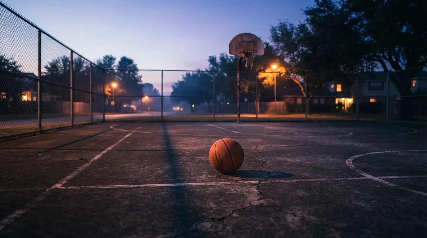 Ein Basketball rollt auf einem Freiluftplatz in der Abenddämmerung zu einem Korb, die Straßenlaternen leuchten bereits.