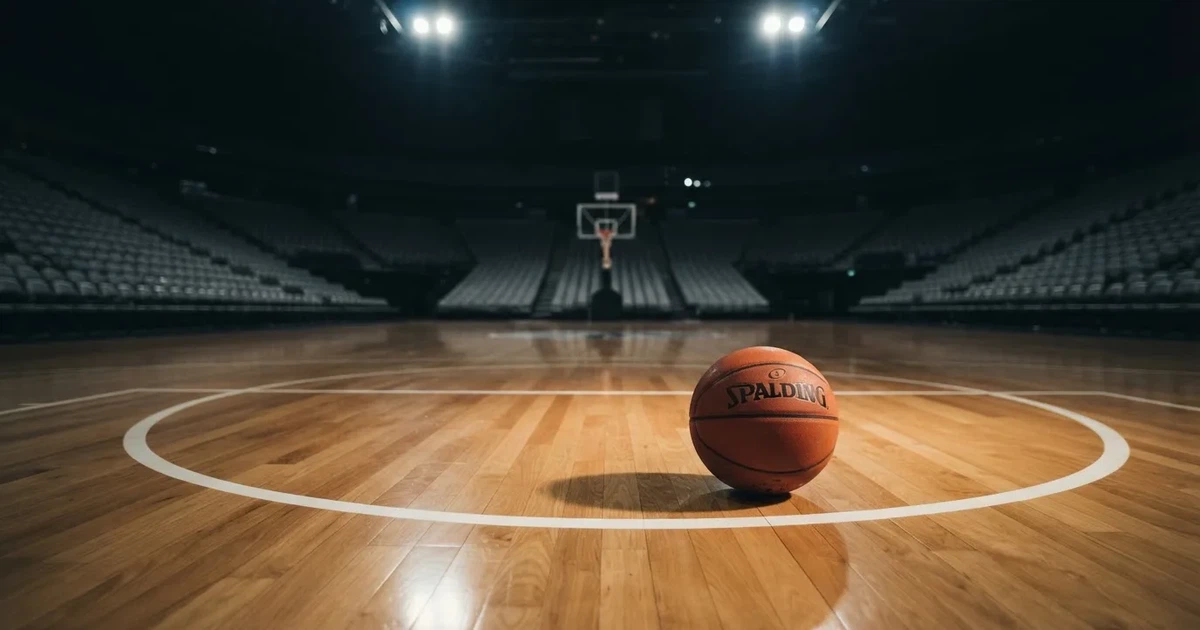 Ein Basketball liegt auf dem Parkettboden einer leeren Arena, Scheinwerfer werfen Licht auf die Mittellinie.