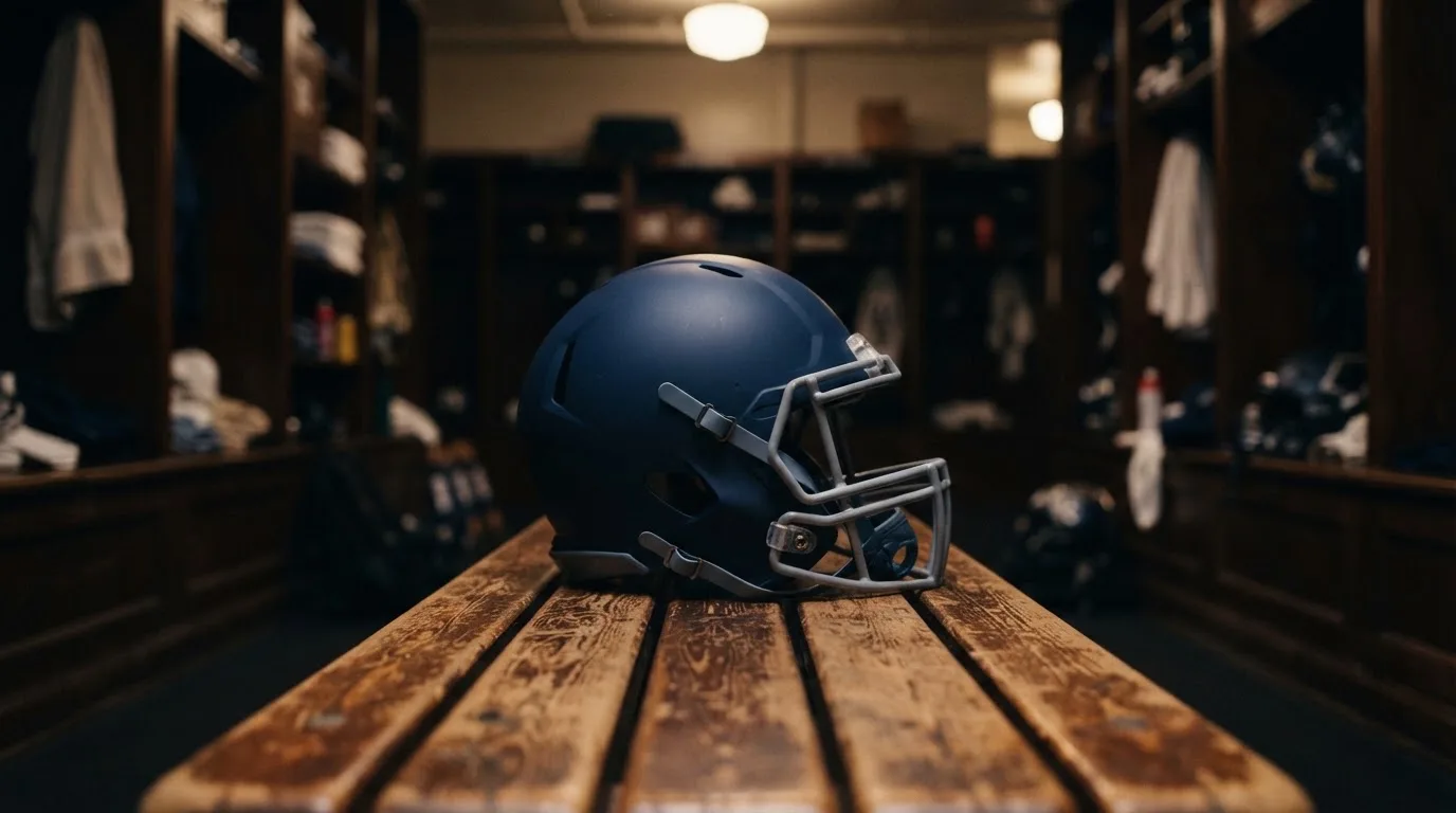 Ein neutraler Footballhelm ohne Aufdruck steht auf einer Holzbank in einer Umkleidekabine.