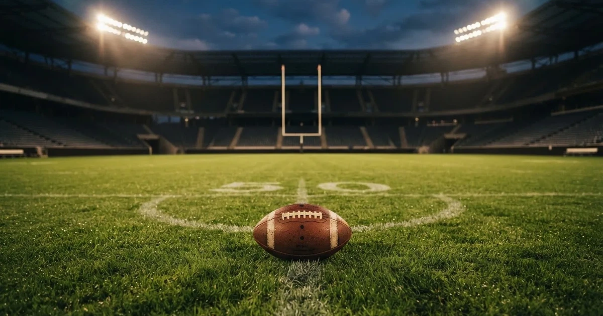 Ein American Football liegt auf dem Rasen eines leeren Stadions unter Flutlicht, die Torstangen ragen im Hintergrund auf.