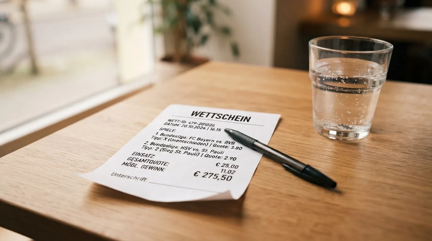 Ein leerer Wettschein aus Papier liegt neben einem Stift auf einem Tisch, daneben ein Glas Wasser.