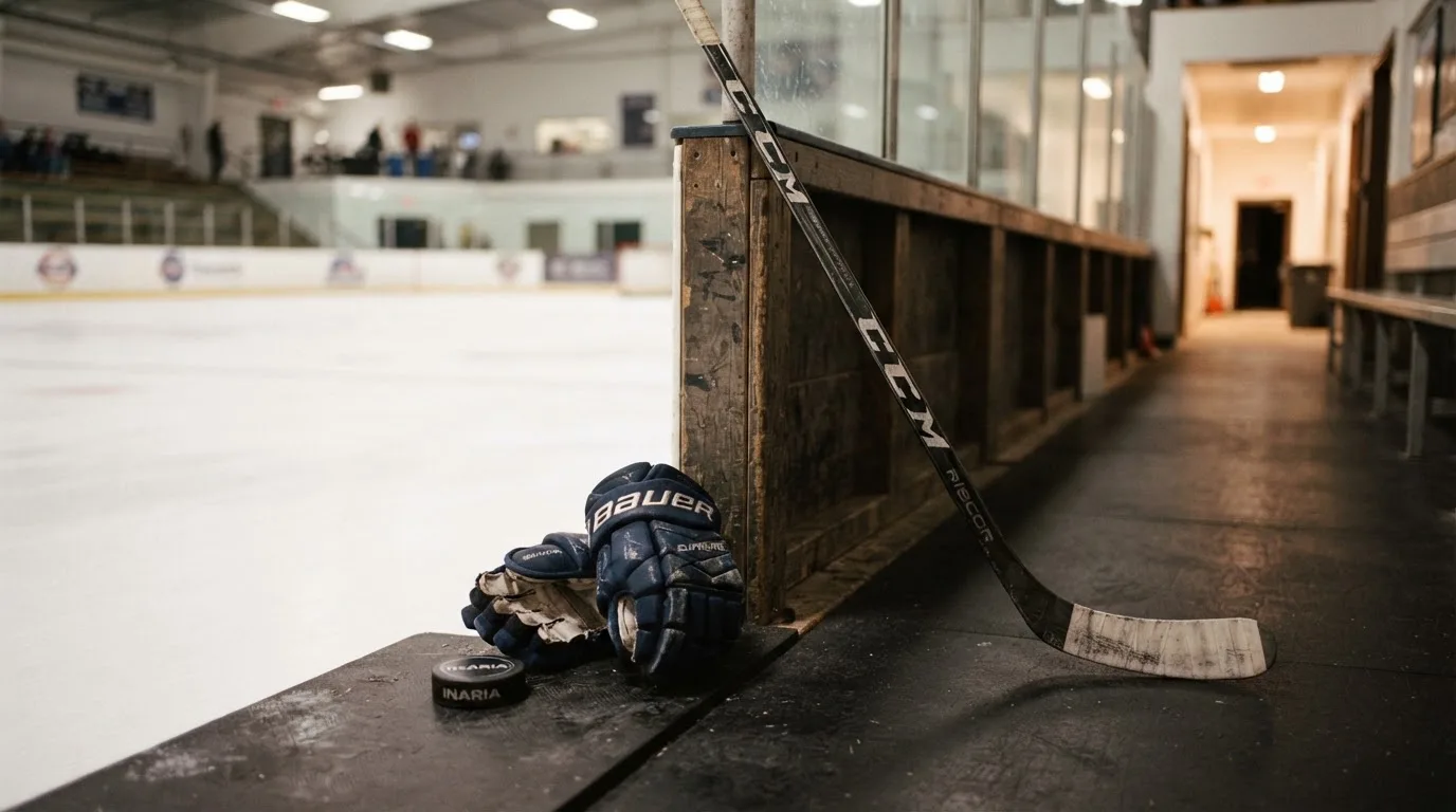 Ein Eishockeyschläger lehnt an einer Bande, daneben liegen ein Puck und ein Paar Handschuhe in einer Eishalle.