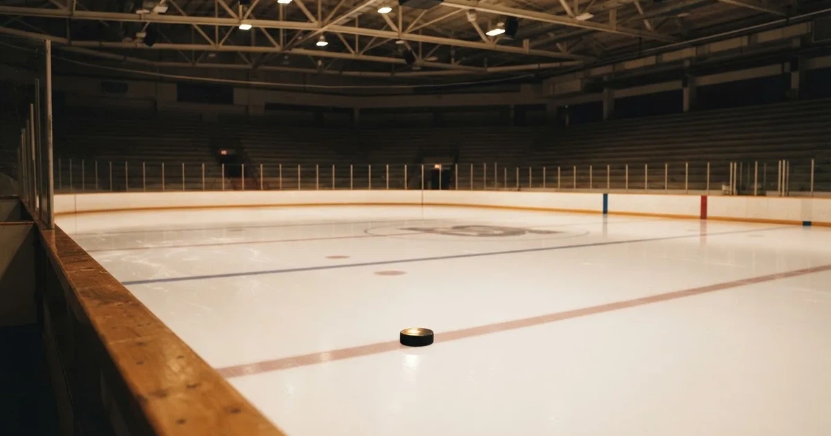 Eine leere Eisfläche in einer Halle mit Banden und Flutlicht, auf dem Eis liegt ein einzelner Puck.