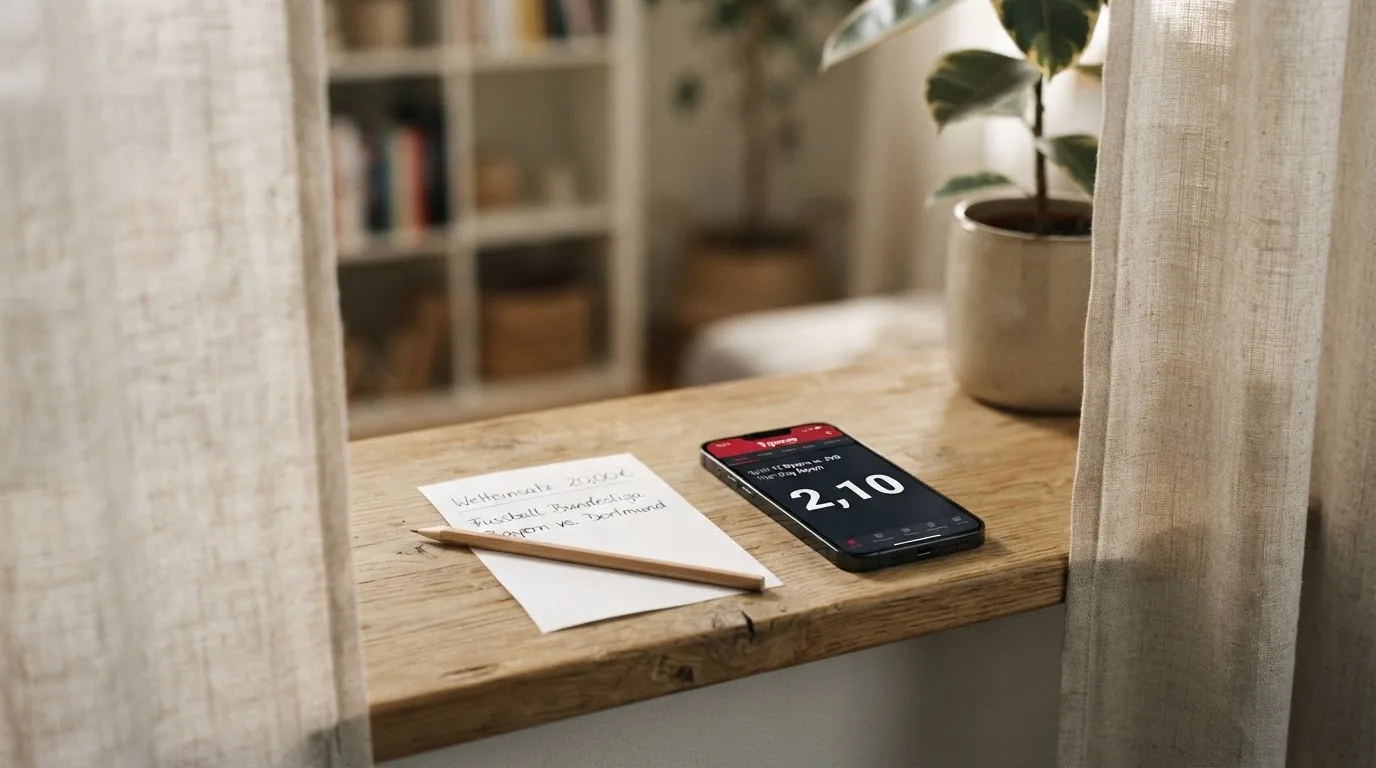 Ein leerer Wettschein aus Papier und ein Smartphone mit dunklem Display liegen auf einer Fensterbank im Tageslicht.