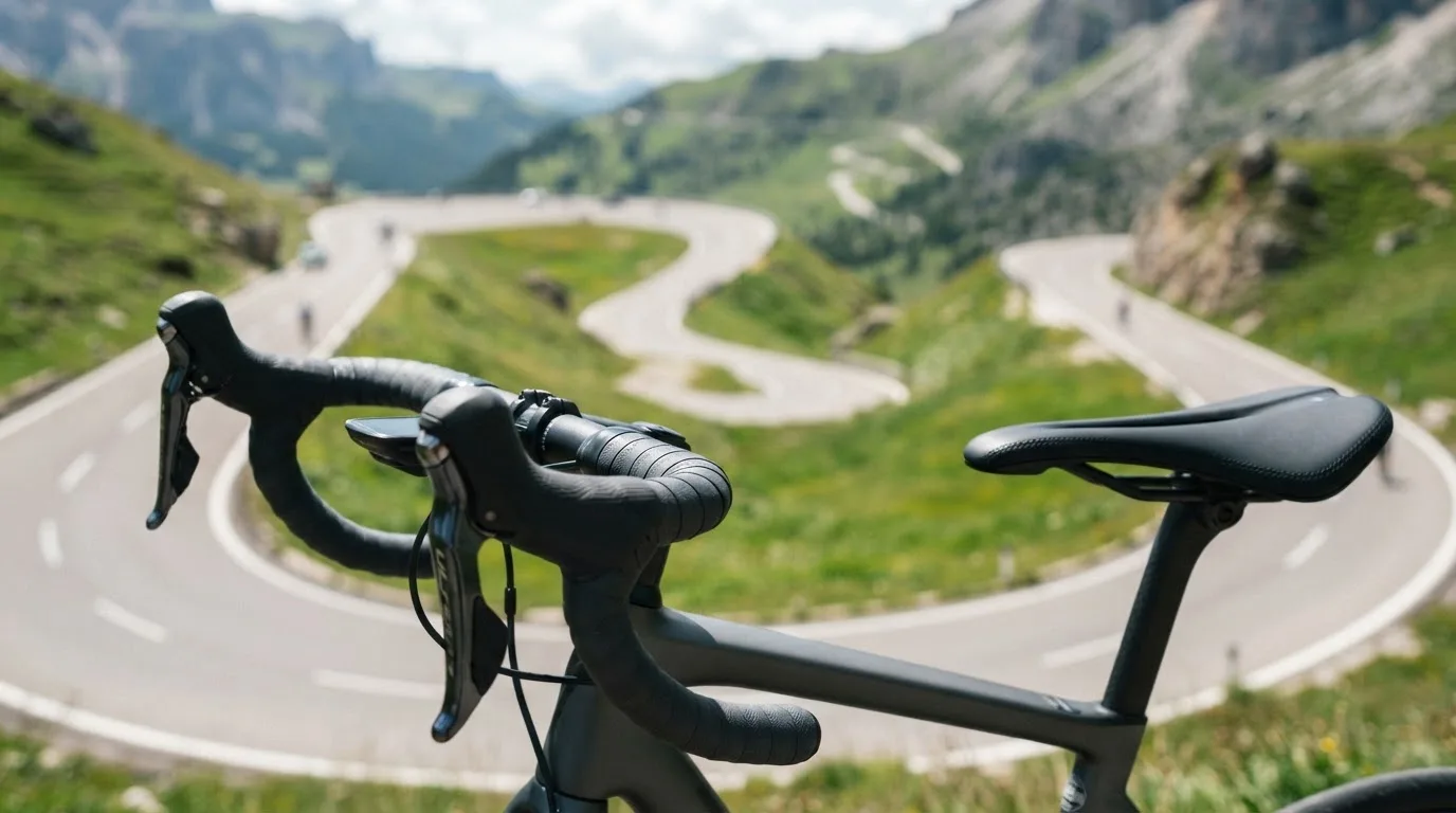 Ein Rennradlenker mit Sattel aus der Nähe, im Hintergrund unscharf eine Bergstraße mit Serpentinen.