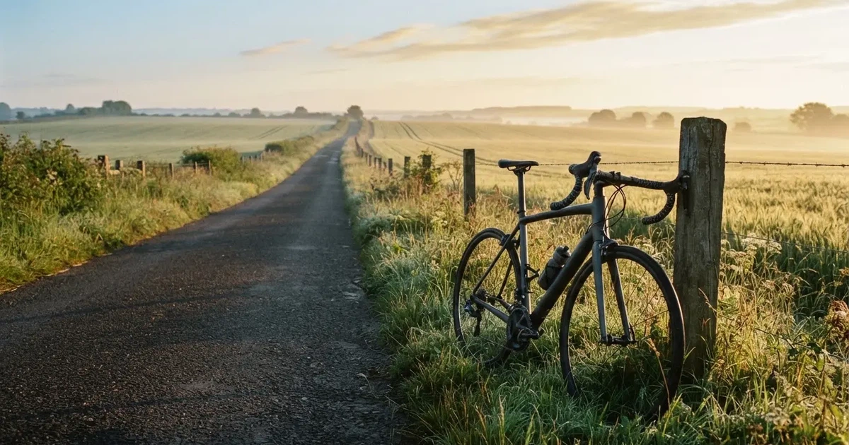 Eine Landstraße zwischen Feldern im Morgenlicht, am Straßenrand lehnt ein Rennrad ohne Aufschrift an einem Pfosten.