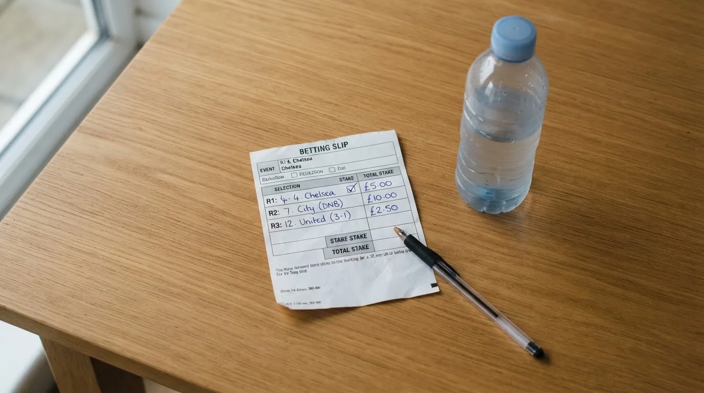 Ein leerer Wettschein aus Papier liegt neben einer Trinkflasche und einem Stift auf einem Tisch.