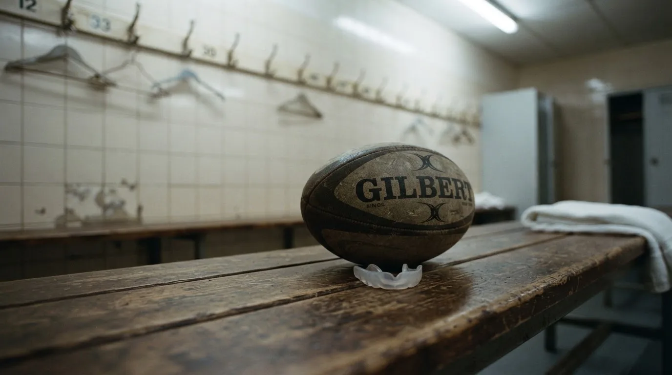 Ein Rugbyball und ein Mundschutz liegen auf einer Holzbank neben einer Reihe Kleiderhaken in einer Umkleide.