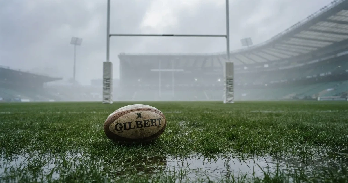 Ein ovaler Rugbyball liegt vor den hohen Torstangen auf nassem Rasen, über dem Stadion zieht Nebel auf.