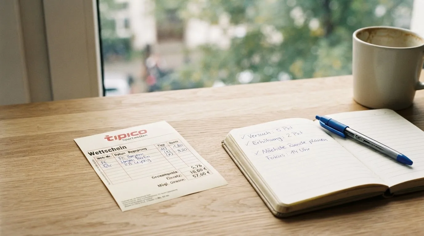 Ein leerer Wettschein aus Papier liegt neben einem Notizbuch und einem Stift auf einem Schreibtisch am Fenster.