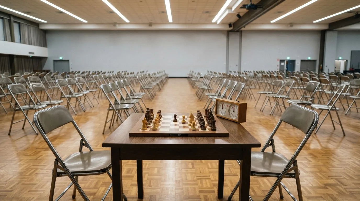 Ein Schachbrett und eine Schachuhr stehen auf einem Tisch in einem leeren Turniersaal, die Stühle sind ordentlich zurückgeschoben.