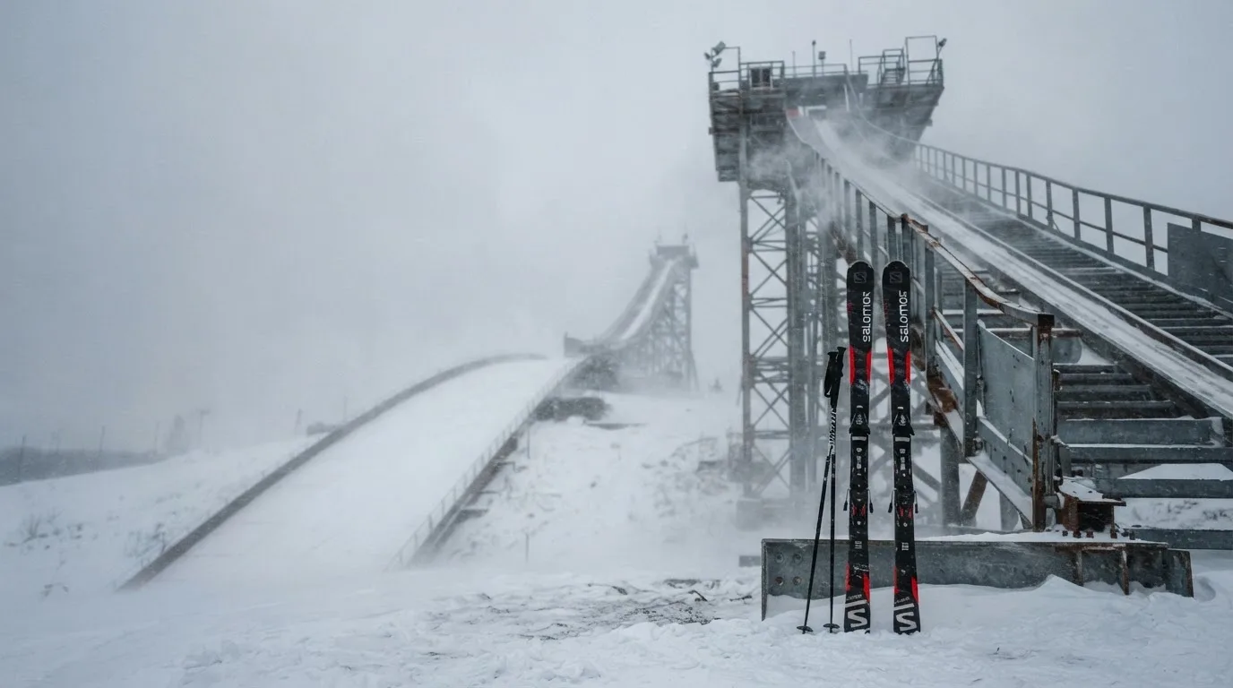 Ein Paar Skier steckt aufrecht im Schnee neben einem Anlaufturm, im Hintergrund wirbelt feiner Schnee im Wind.
