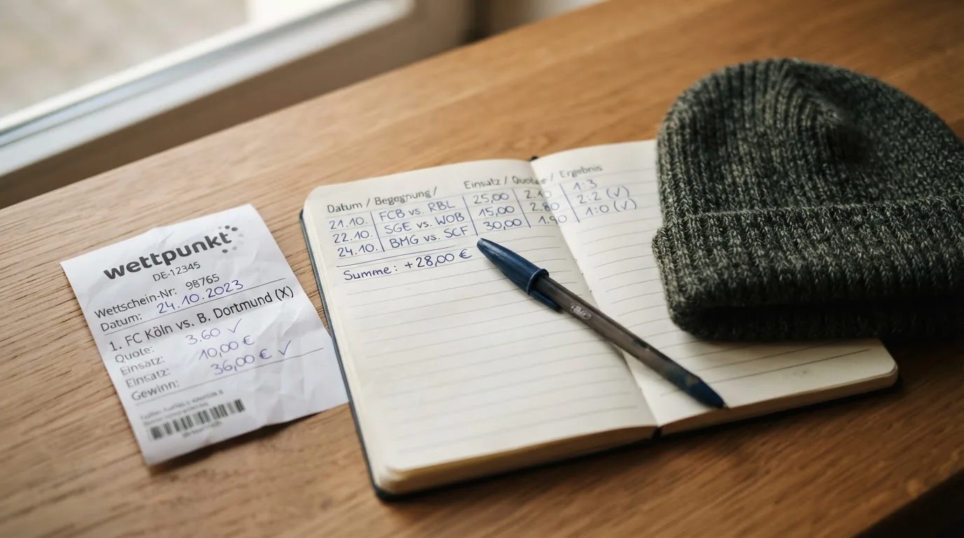 Ein leerer Wettschein aus Papier und ein Notizbuch liegen neben einer Wollmütze auf einem Holztisch.