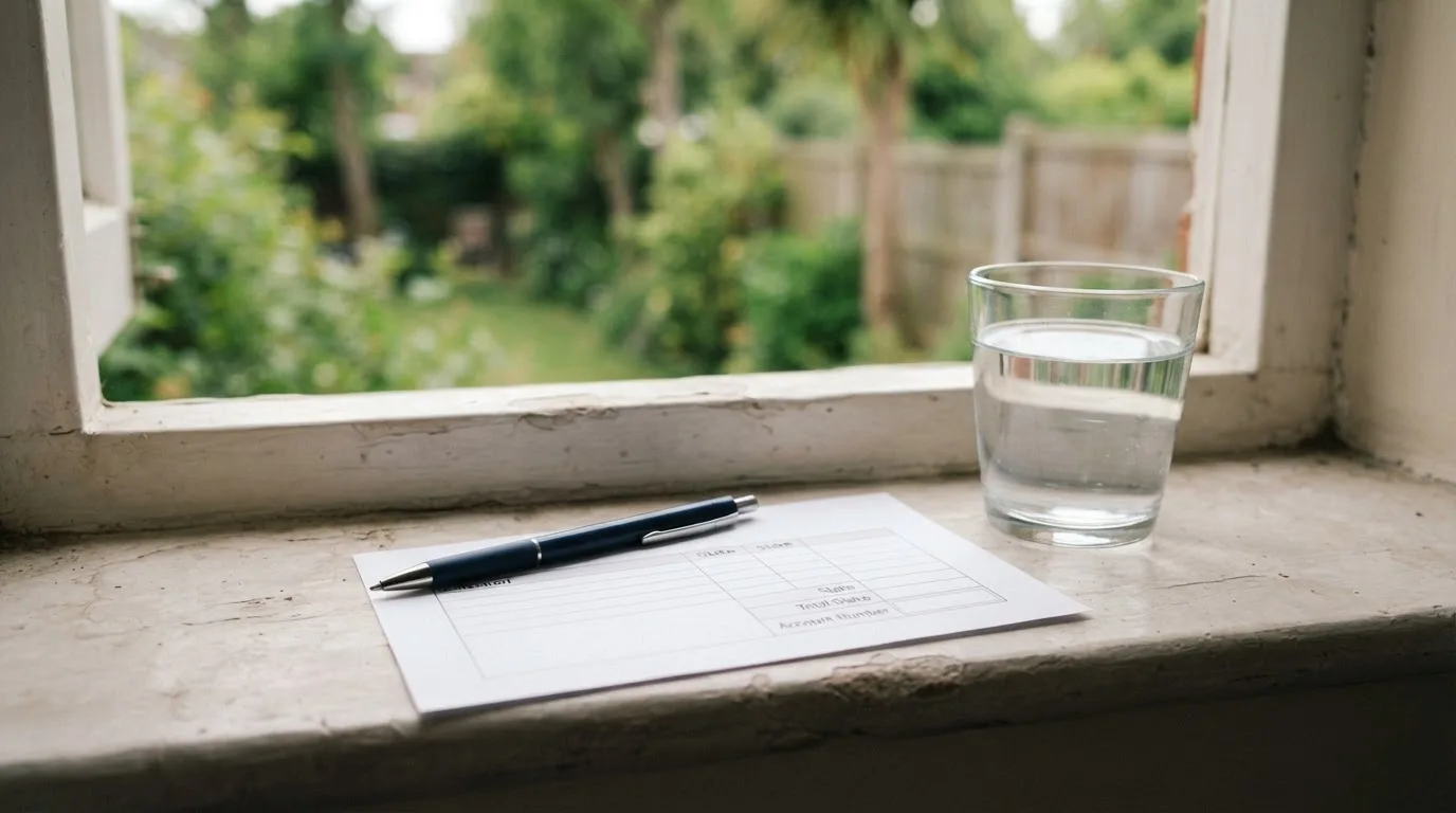 Ein leerer Wettschein aus Papier und ein Kugelschreiber liegen neben einem Glas Wasser auf einer Fensterbank.