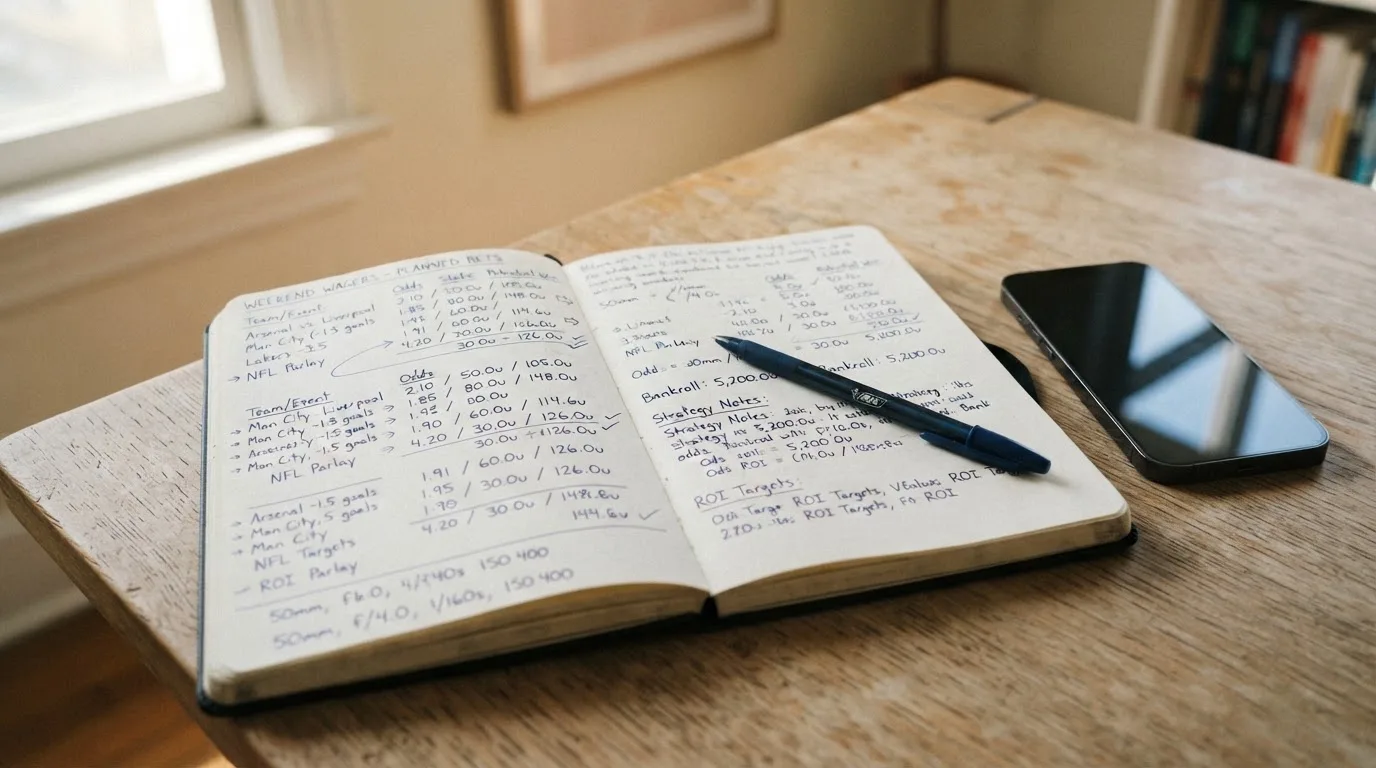 Ein aufgeschlagenes Notizbuch mit handschriftlichen Rechnungen liegt neben Stift und Smartphone auf einem Holztisch im Tageslicht.