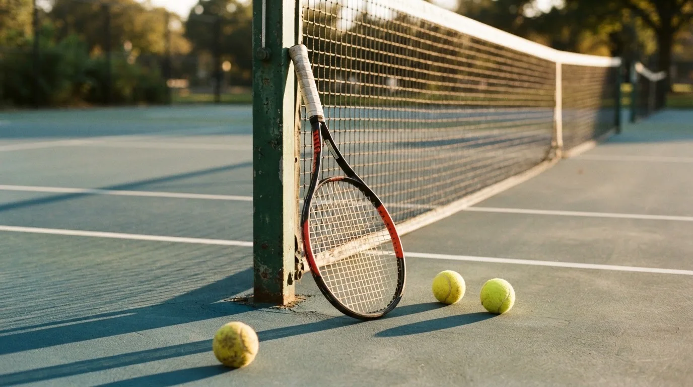 Ein Tennisschläger lehnt an einem Netzpfosten, daneben liegen drei Bälle auf einem Hartplatz in warmem Nachmittagslicht.