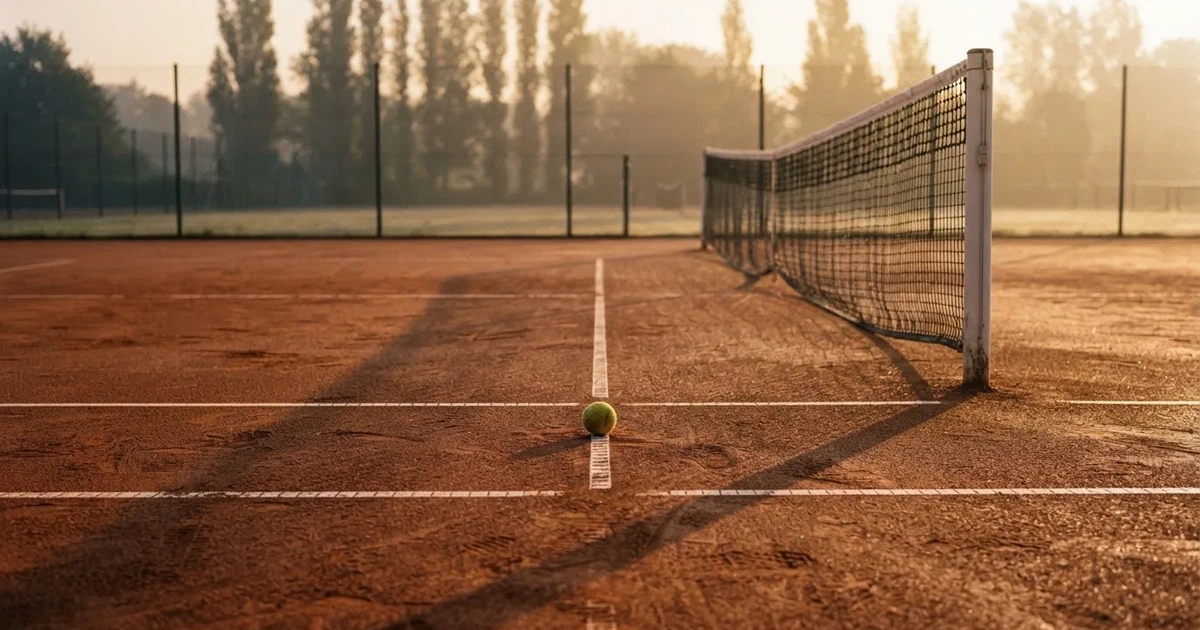 Ein Sandplatz am frühen Morgen mit frisch gezogenen Linien, einem Netz in der Mitte und einem gelben Ball auf der Grundlinie.