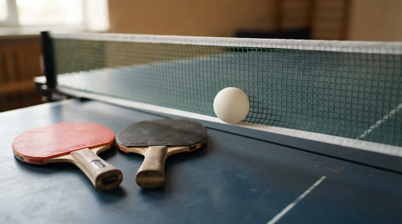 Ein weißer Ball liegt in Nahaufnahme auf der Netzkante einer Tischtennisplatte, daneben zwei Holzschläger mit rotem und schwarzem Belag.