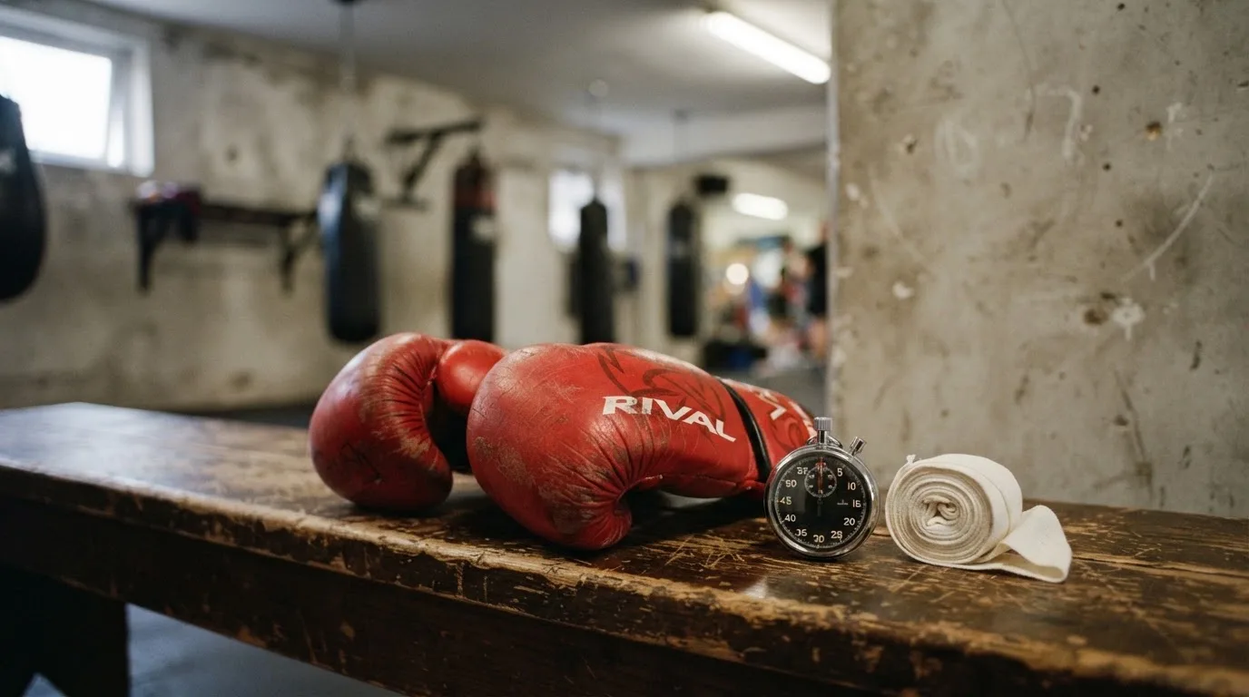 Ein Paar Kampfhandschuhe und eine Stoppuhr liegen auf einer Bank im Trainingsraum neben einer aufgerollten Handbandage.
