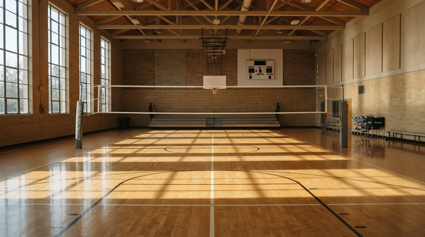 Eine leere Sporthalle mit gespanntem Volleyballnetz und glänzendem Parkett, durch hohe Fenster fällt Tageslicht.