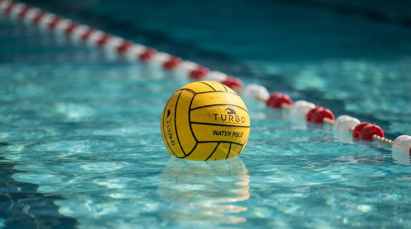 Ein gelber Wasserball treibt in Nahaufnahme auf der Wasseroberfläche neben einer Leine mit Bojen.