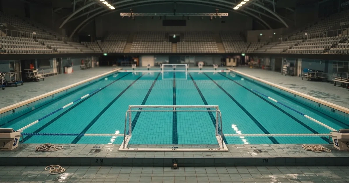 Ein Schwimmbecken mit türkisfarbenem Wasser und zwei schwimmenden Torrahmen am gegenüberliegenden Beckenrand, menschenleer unter Hallenlicht.