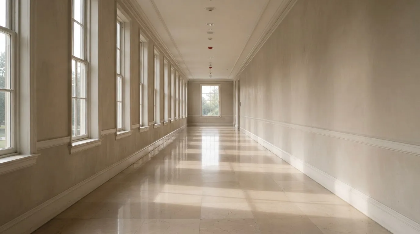 Ein leerer Amtsflur mit hohen Fenstern und glänzendem Steinboden, durch die Fenster fällt das Licht eines Vormittags.