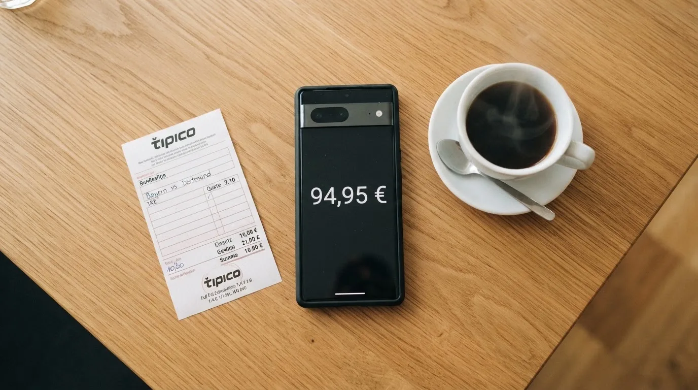 Ein Smartphone mit dunklem Bildschirm lehnt an einer Kaffeetasse auf einem Holztisch, daneben ein blanker Papier-Wettschein.