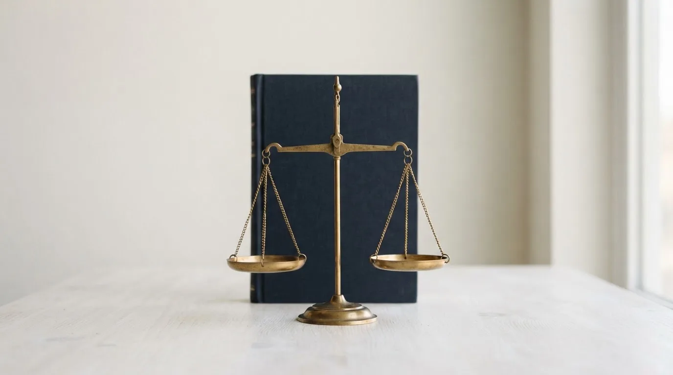 Eine Messingwaage und ein geschlossenes Buch stehen auf einem hellen Tisch vor einer ruhigen, unscharfen Wand.