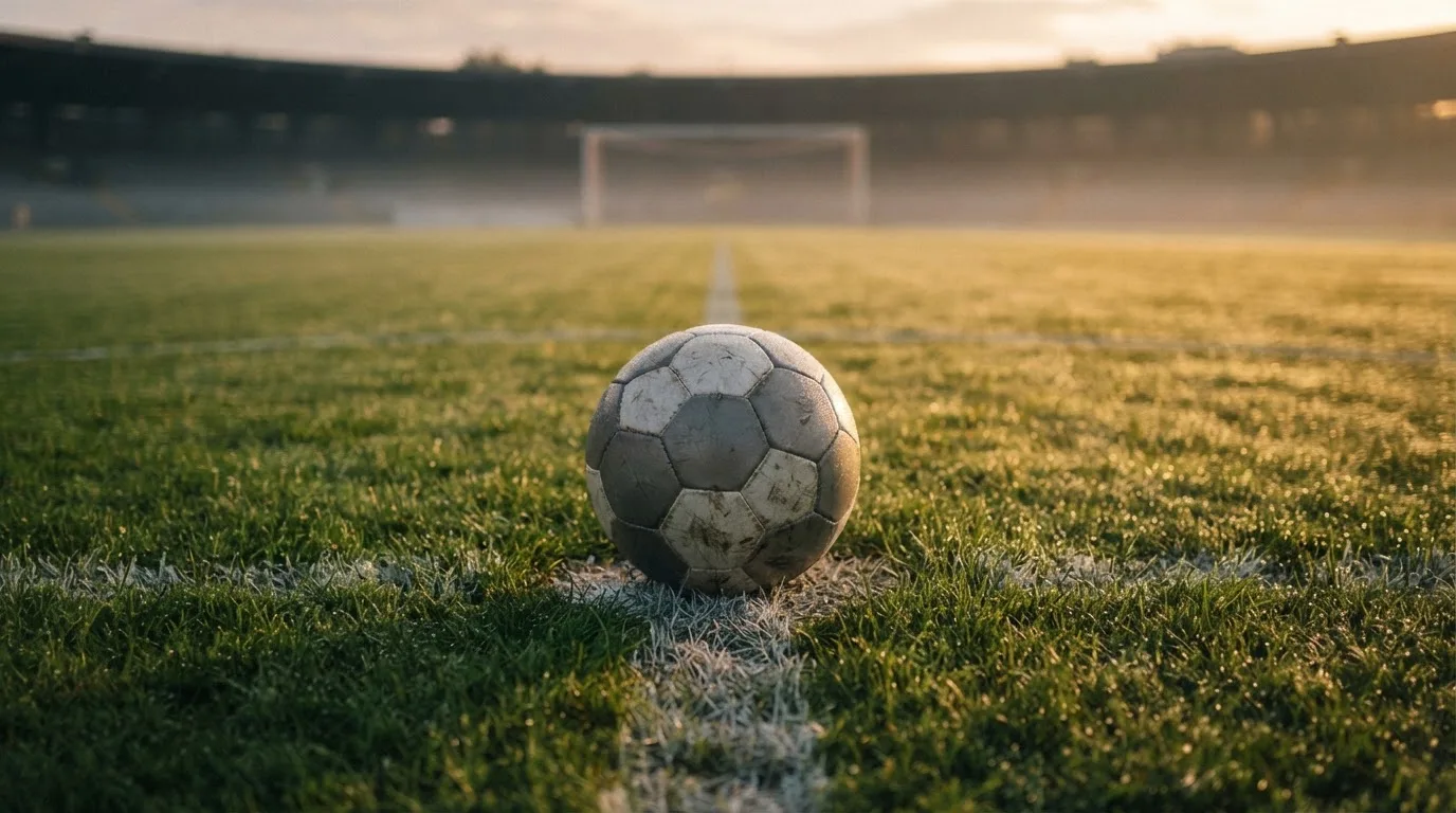 Ein Fußball liegt auf dem Anstoßpunkt eines Rasenplatzes im ersten Morgenlicht, Tau glänzt auf dem Gras.