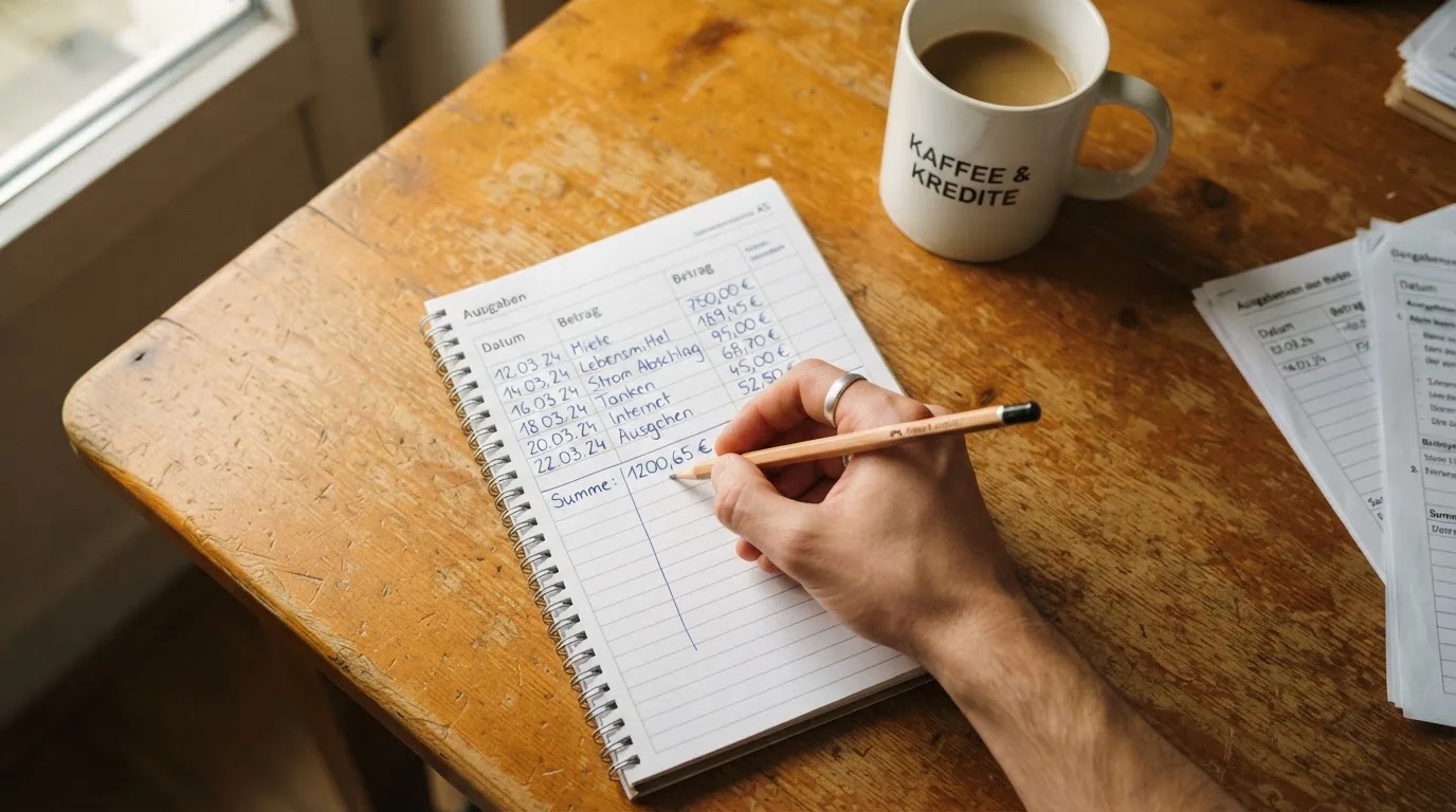 Ein Taschenrechner und ein Bleistift liegen auf einem handbeschriebenen Notizblock neben einer Tasse Kaffee.