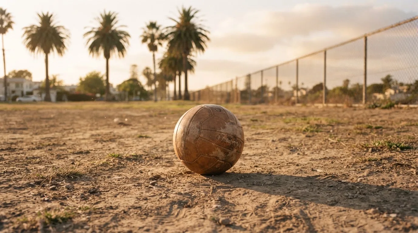 Ein Fußball liegt auf einem staubigen Bolzplatz mit Palmen im Hintergrund in warmem Abendlicht.