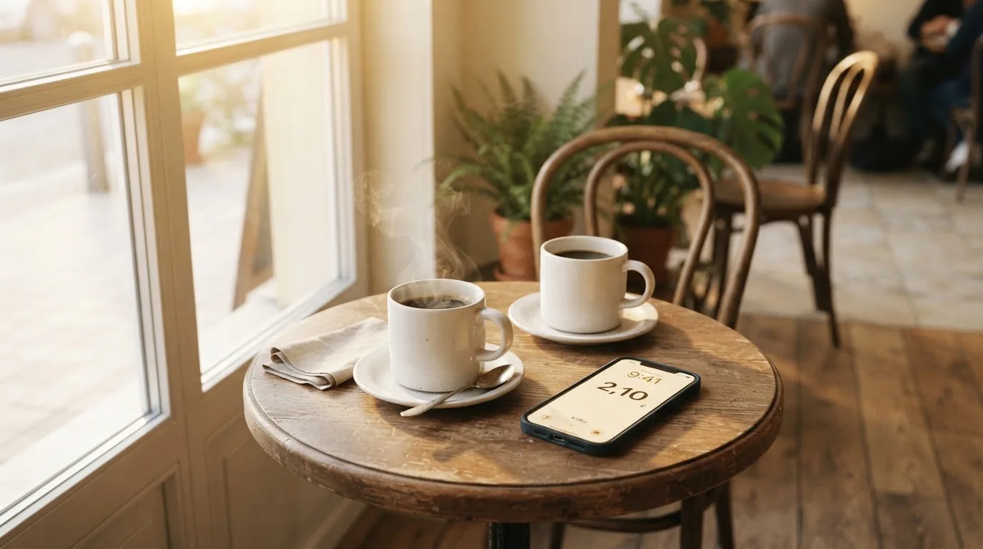 Zwei Kaffeetassen und ein dunkles Smartphone stehen auf einem Café-Tisch am Fenster im Morgenlicht.