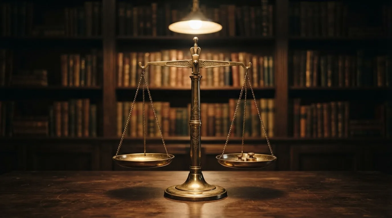 Eine Messingwaage steht auf einem dunklen Holztisch, dahinter eine unscharfe Regalwand mit geschlossenen Büchern.