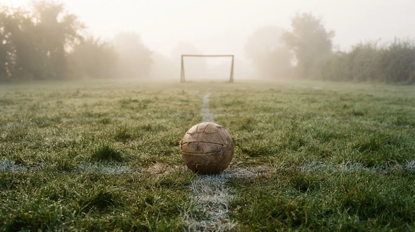 Ein abgewetzter Fußball liegt auf dem Anstoßkreis eines Naturrasens im Morgennebel.