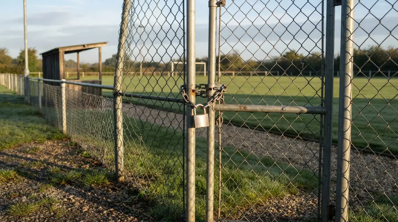 Ein geschlossenes Tor an einem Zaun mit Vorhängeschloss im Morgenlicht, dahinter ein einfacher Sportplatz.