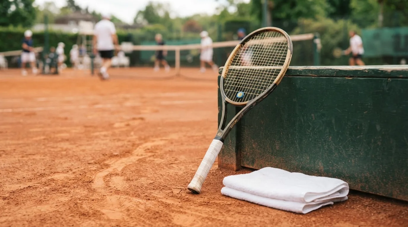 Ein Tennisschläger lehnt an einer dunkelgrünen Bande ohne Aufschrift auf einem Sandplatz, daneben liegt ein Handtuch.