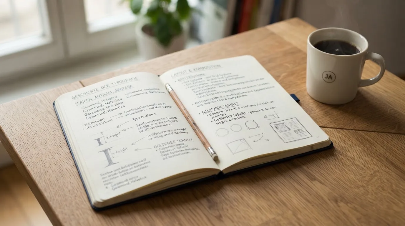 Ein aufgeschlagenes Notizbuch mit handschriftlichen Skizzen liegt neben einem Bleistift auf einem Holztisch, daneben eine Tasse Kaffee.