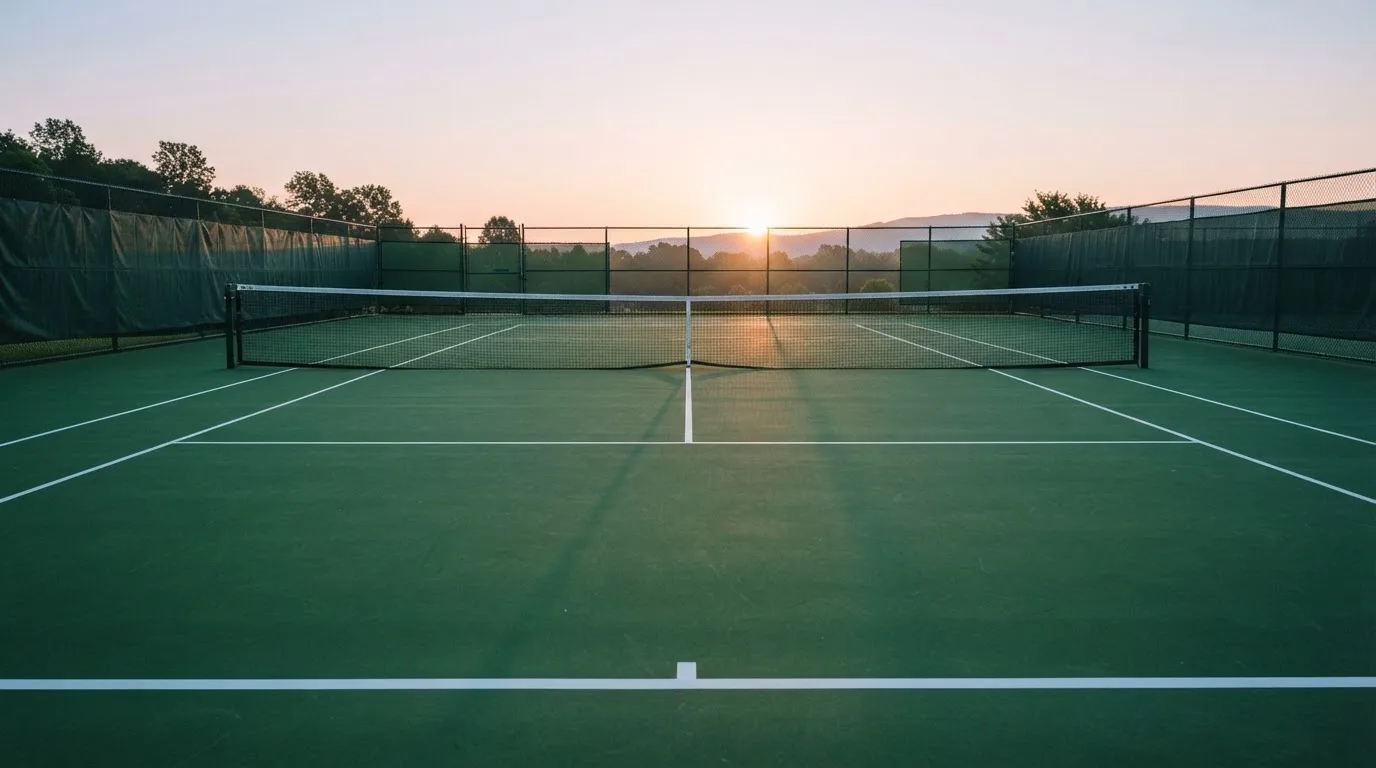 Ein Tennisplatz bei Sonnenaufgang, Netz und Grundlinien im weichen Licht, niemand ist zu sehen.